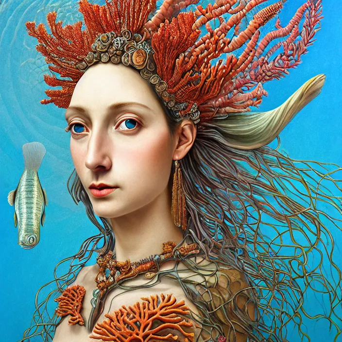Prompt: realistic detailed face portrait of the goddess of the fish of the three times with an intricate headdress of corals, sea kelp, sea plants, fish, jellyfish, art by archimboldo, and face in focus, neo - gothic, gothic,