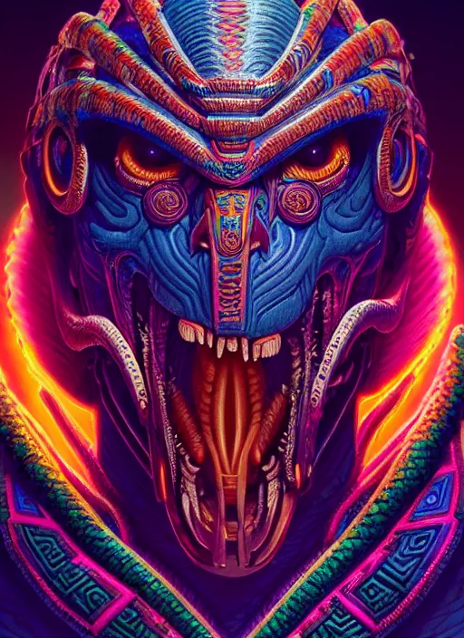 Image similar to hyper detailed ultra sharp aztec serpent warrior trance man. trending on artstation, warpaint aesthetic, earthwave, colorful, neon, ornate, intricate, digital painting, concept art, smooth, sharp focus, illustration, art by artgerm and greg rutkowski and h. r. giger, 8 k