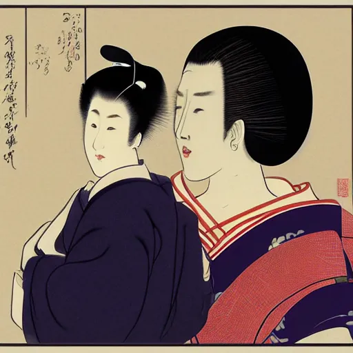 Image similar to mentor and student, digital art, utamaro kitagawa style