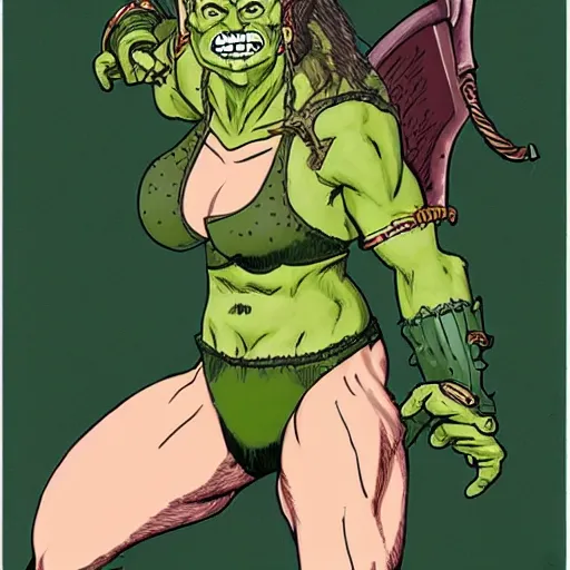 Prompt: a full character portrait of a toned physique green orc woman with a ponytail in full plate armor, by junji ito