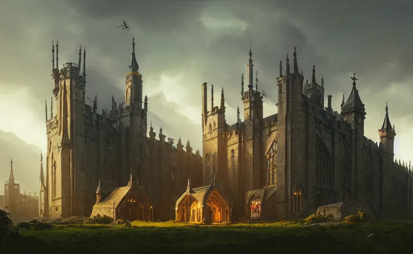 Image similar to exterior shot of utopian english medieval stronghold architecture with cinematic lighting by zaha hadid peter zumthor and renzo piano and, darek zabrocki and greg ruthkowski, simon stalenhag, cinematic, holy place, paradise, scifi, futurism, atmospheric, concept art, artstation, trending on artstation