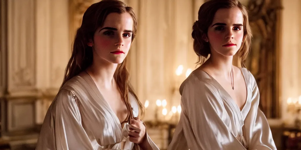 Image similar to portrait closeup Emma Watson long hair flowing silk robes baroque room candles mirrors cinematic lighting stanley kubrick barry lyndon 4k canon 5d mk4