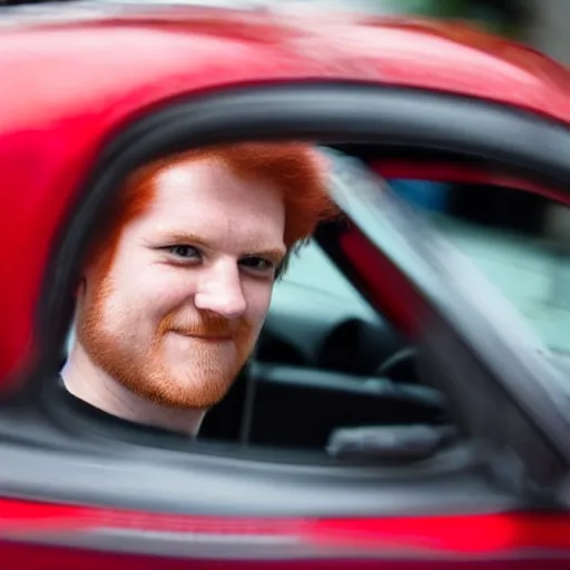 Prompt: a red haired danish man drives a mazda mx-5 down a street in copenhagen