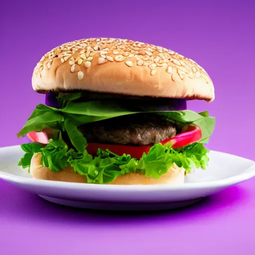 Prompt: a stock photo of a rabbitburger on a purple background, product photography, f 2. 4, bokeh effect, award winning