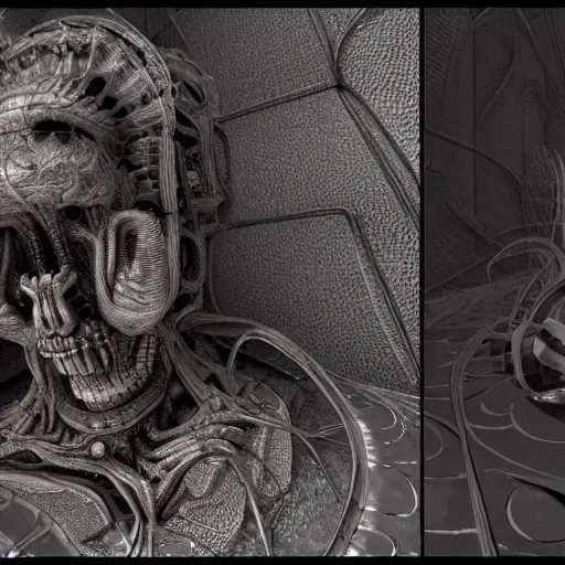 Prompt: HYPER REALISTIC VFX SIMULATION of one of H.R GIGER'S works, INTRICATELY DETAILED 3D OCTANE RENDER