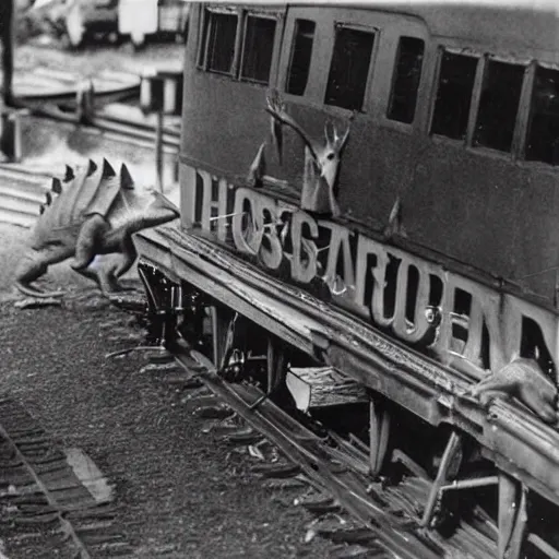 Prompt: Candid 1930's photo of hoard of dinosaur trying to chase a train n 9