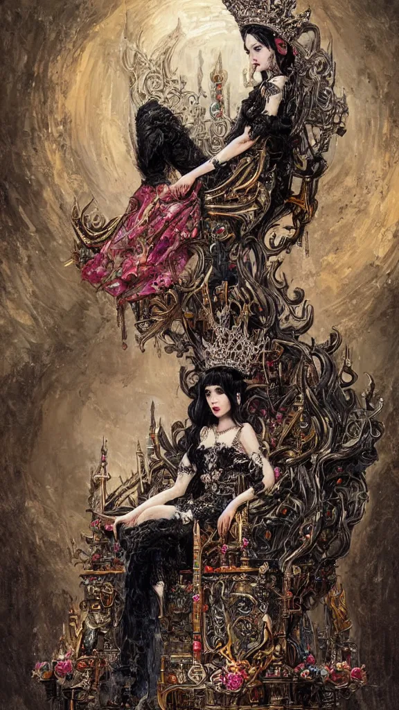 Image similar to painting of a beautiful black haired woman with pale skin and a crown on her head sitted on an intricate metal throne, illustration, artistic, colorful, hyper detailed, in the style of greg rutkowski,