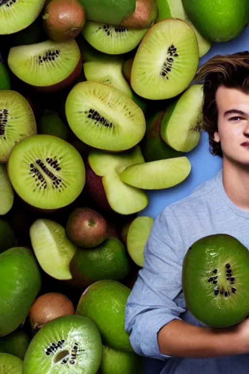 Prompt: 📷 joe keery in kiwi fruit 🥝, made of food, head portrait, dynamic lighting, 4 k