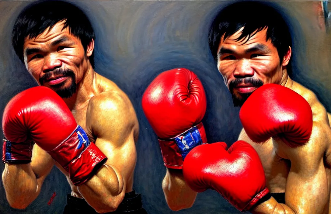 Image similar to portrait of manny pacquiao with red boxing gloves!!!!!!!!!!!!!!!!!!!!!!!!!!!, detailed face, detailed painting, epic lighting, by ilya repin, phil hale and kent williams