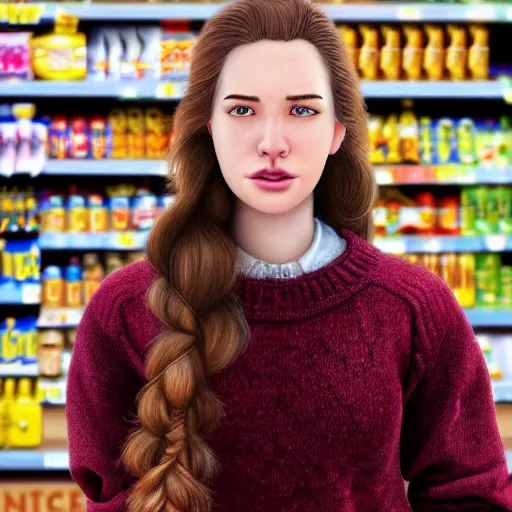 Prompt: an insanely detailed realistic depiction of beautiful jodi from stardew valley standing in the aisel of a supermarket wearing burgundy sweater and denim jeans, auburn hair thin french braid, brown eyes, weak smile, in the style of peter mohrbacher, artgerm, dramatic lighting and composition, octane render, trending on artstation, concept art 8 k