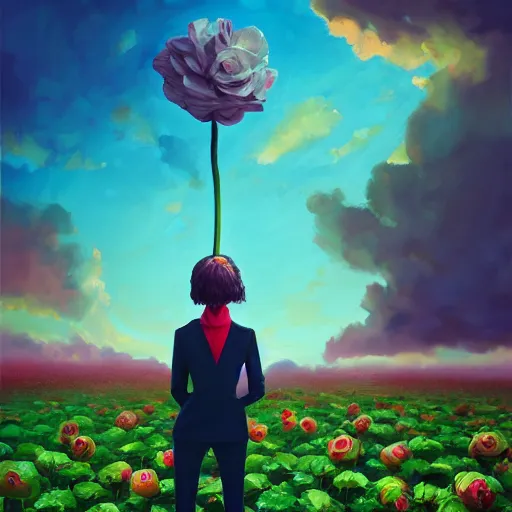 Image similar to portrait, giant rose flower head, girl in a suit, surreal photography, sunrise, blue sky, dramatic light, impressionist painting, digital painting, artstation, simon stalenhag