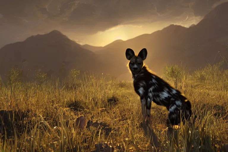 Prompt: an african wild dog sitting up!, on the african plains, friendly, long grass, sparkling water, glistening, hyper realistic, hyper detailed, digital art, trending in artstation, cinematic lighting, studio quality, smooth render, unreal engine 5 rendered, octane rendered, by paul lehr