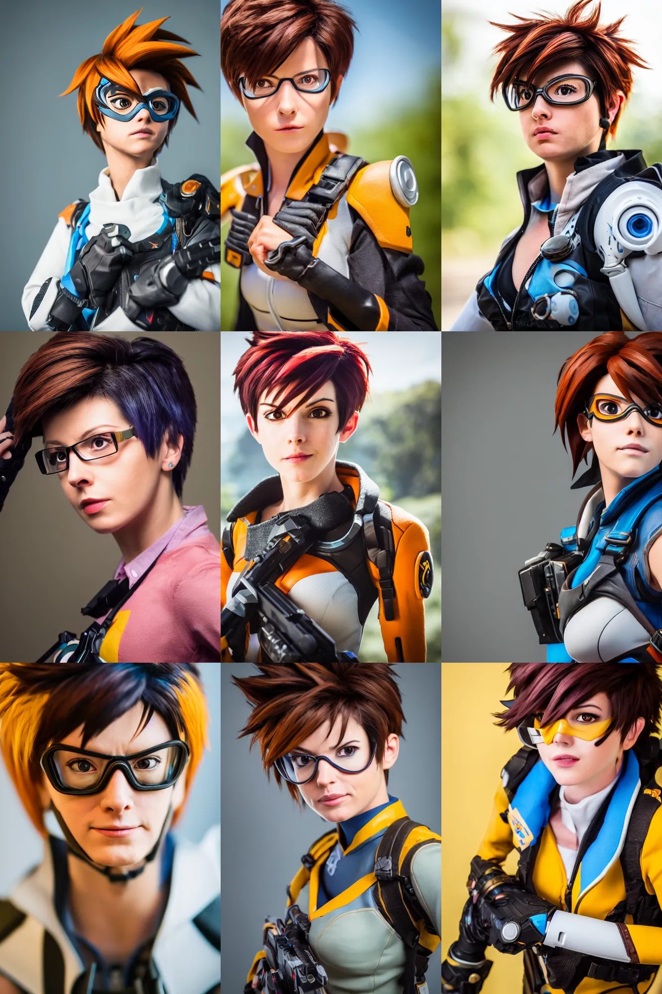 Prompt: professional portrait photograph of tracer from overwatch as a real person. shallow dof.