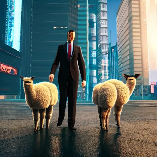 Prompt: Alpaca wearing a suit in a cyberpunk city, highly detailed, 8k ultra HD, Unreal Engine render