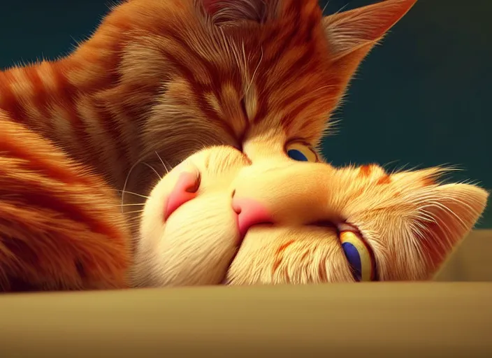 Image similar to a wholesome animation key shot of a ginger cat sleeping, close up, studio ghibli, pixar and disney animation, sharp, rendered in unreal engine 5, clear sky, anime key art by greg rutkowski, bloom, dramatic lighting