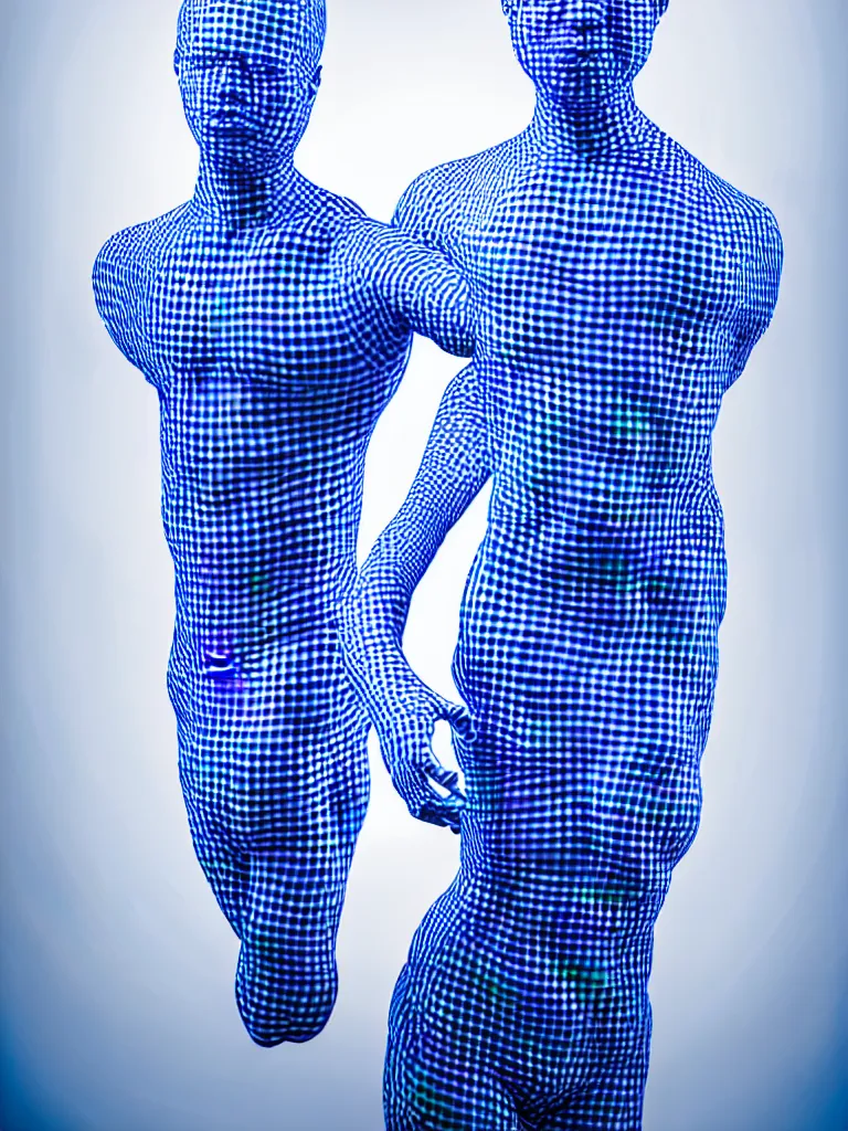 Image similar to a fine art photograph formal self sculpture by the artist kelbv, in realistic style with tubes neatly navigating the contours of his body, and disjoint body pumped full with blue and white gingham ellipsoids, perfect studio lighting.