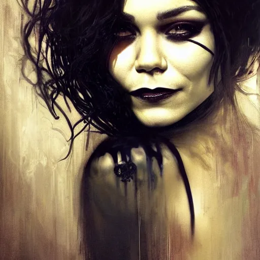 Image similar to beautiful portrait of vanessa hudgens as death from sandman, smiling, by cedric peyravernay, alphonse mucha, by jeremy mann, by lecouffe deharme, goth chic, soft lightning, eyeliner, punk rock, high detailed, 8 k