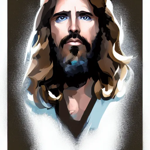 Image similar to portrait of jesus christ as a glam rockstar, mattepainting concept blizzard pixar maya engine on stylized background splash comics global illumination lighting artstation lois van baarle, ilya kuvshinov, rossdraws