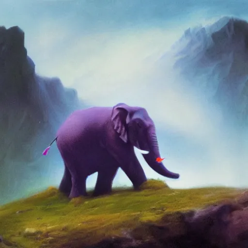 Image similar to purple elephant running stuck in a cave, close up camera angle, raining, mountain behind meadow, menacing, illustration, detailed, smooth, soft, cold, by Adolf Lachman, Shaun Tan, Surrealism