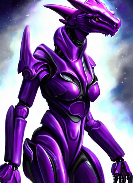 Image similar to cinematic goddess body shot, galactic sized beautiful stunning hot anthropomorphic robot mecha female dragon, sleek dragon head, metal ears, led purple eyes, smooth fuschia skin, nebula size, smooth silver armor, in space, epic proportions, macro, epic size, epic scale, furry art, dragon art, giantess art, warframe fanart, furaffinity, octane