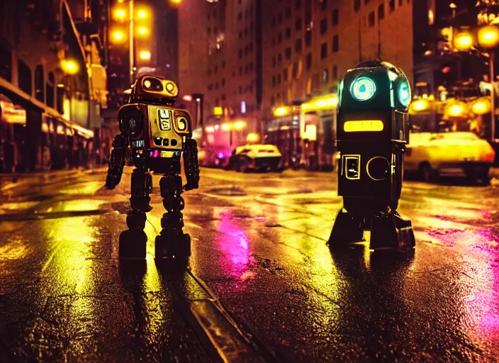 Image similar to a 2 8 mm macro kodachrome photo of a tall huge metallic cyborg droid with glowing lights, walking alone on a rainy night in the city in the 1 9 5 0's, seen from a distance, bokeh, canon 5 0 mm, cinematic lighting, film, photography, golden hour, depth of field, award - winning, neon, cyberpunk