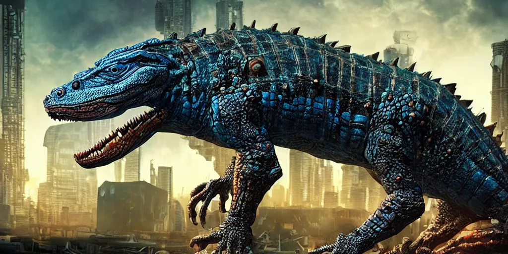 Image similar to a cyberpunk alligator creature closeup, fallout 5, studio lighting, deep colors, apocalyptic setting, vertically mirrored city in background