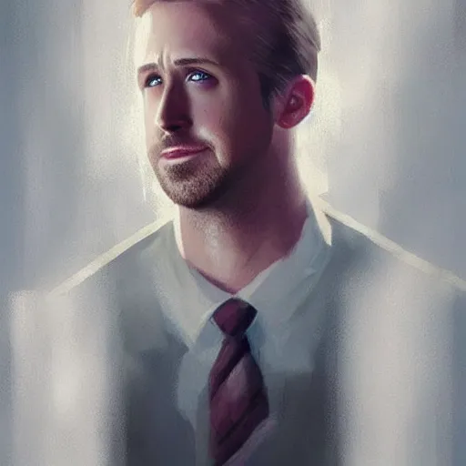 Image similar to “Portrait of Ryan Gosling by Greg Rutkowski, young, attractive, highly detailed portrait, scifi, digital painting, artstation, concept art, smooth, sharp foccus ilustration, Artstation HQ”