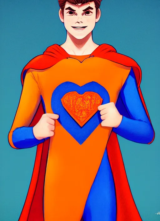 Image similar to friendly teenage archie andrews wearing an orange superhero costume with heart logo, heart, freckles, blue cape, heart emblem on chest, blue cape, intricate, elegant, glowing lights, highly detailed, digital painting, artstation, sharp focus, illustration, art by wlop, mars ravelo and greg rutkowski