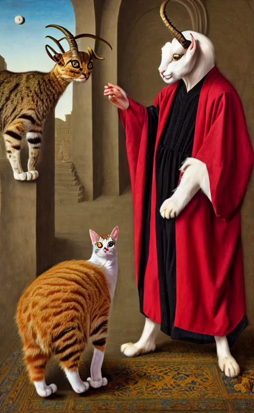 Image similar to a bipedal cat that has two goat horns, anthropomorphic cat that is wearing robes, matte oil painting, by jan van eyck, d & d, character reveal, fantasy, concept art, cosmic, magical, fog, noble, full body portrait, intricate, ornate, extremely detailed, cult, ritual, sharp focus, 4 k, 8 k