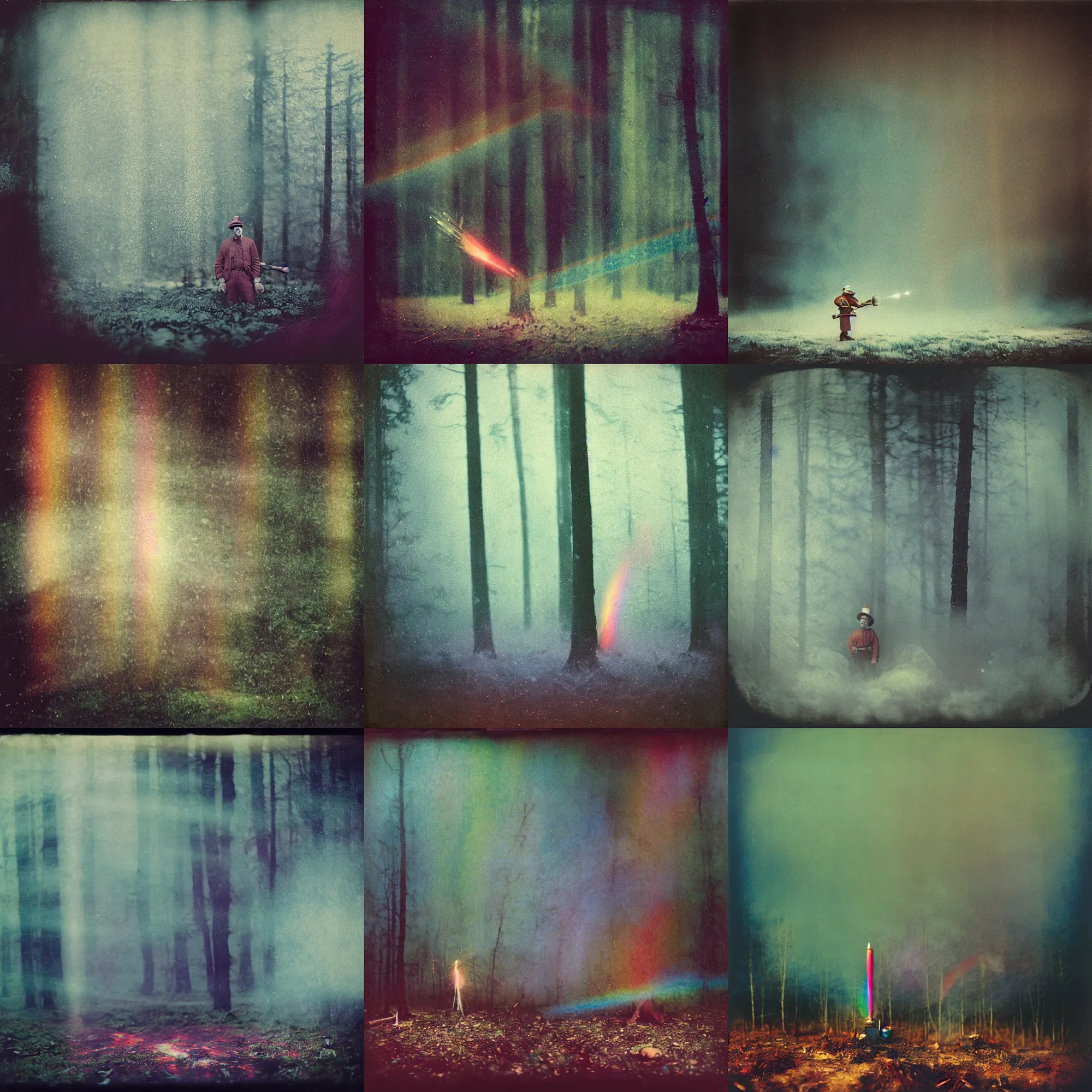 Image similar to kodak portra 4 0 0, wetplate, muted colours, blueberry, 1 9 1 0 s style, motion blur, portrait photo of a backdrop, explosions, rockets, bombs, sparkling, lumberjack, forest, snow, rainbow coloured fog, by georges melies and by britt marling