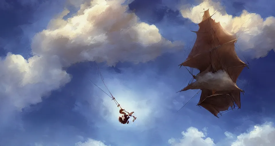 Image similar to a boy being thrown off of a large wooden fantasy sky - ship with horizontal sails flying through the clouds with blue sky, andreas rocha style