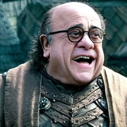 Prompt: movie still of danny devito starring as aragon in the 2 0 2 6 lord of the rings movie, with hat, full body
