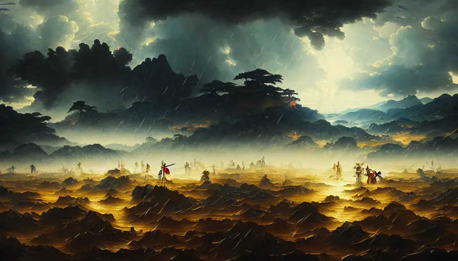 Image similar to baroque oil painting of key visual large epic samurai battle, rain, brutalist fantasy, rule of thirds golden ratio, fake detail, trending pixiv fanbox, acrylic palette knife, style of makoto shinkai takashi takeuchi yoshiyuki sadamoto greg rutkowski chiho aoshima