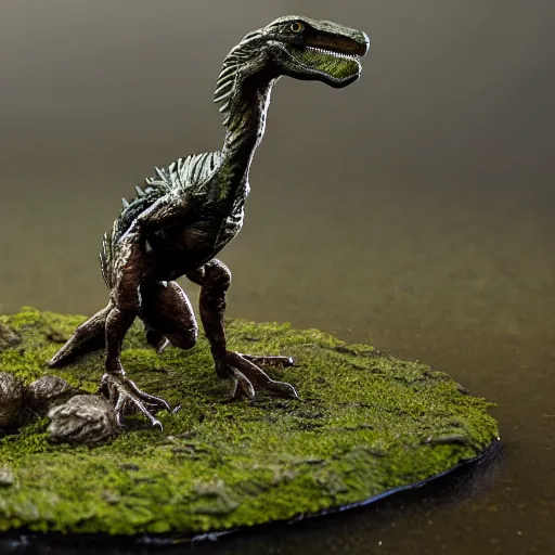 Prompt: bronze velociraptor, in swamp, surrounded by fog, midjourney, in style frazetta, turok dinosar hunter, 1 0 0 mm lens, depth of field, lightning