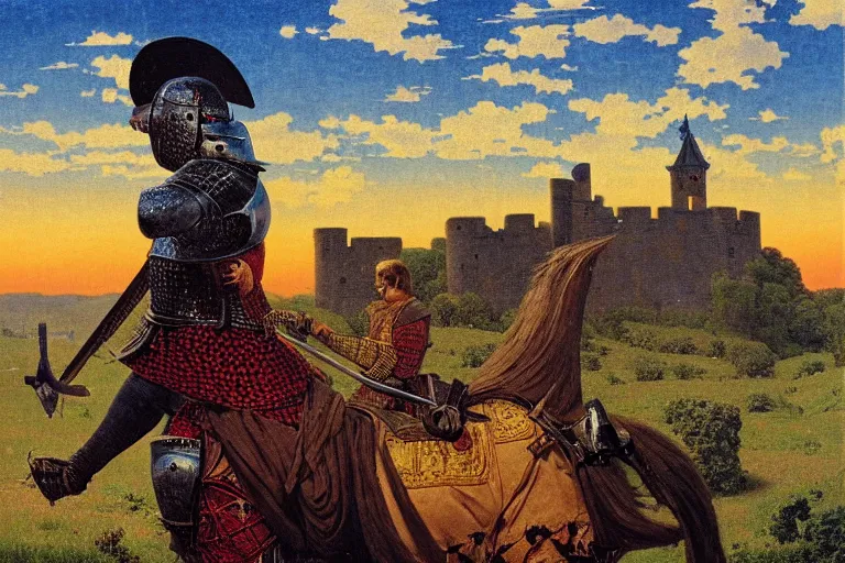 Prompt: painting of a medieval knight in front of a castle, sunset, clouds, chill, romantic, by ludwig deutsch and maxfield parrish, patterned tilework, extremely detailed, cinematic lighting, smooth sharp focus