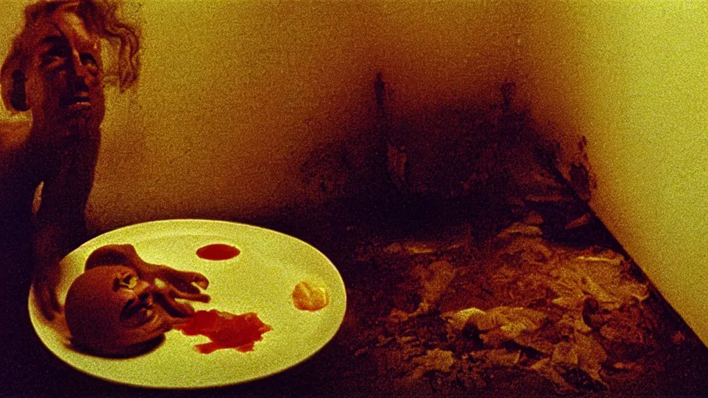 Prompt: the face with the plate of food under my bed, film still from the movie directed by denis villeneuve and david cronenberg with art direction by salvador dali and zdzisław beksinski, wide lens