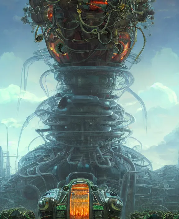 Prompt: a giant solid industrial plant made out of isopod wasp octopus, in the style of a strange exotic spaceship, overgrown with disturbing orchids, godbeams, partly cloudy, somber, dramatic lighting, by dan mumford, yusuke murata, makoto shinkai, ross tran, cinematic, unreal engine, cel shaded, featured on artstation, pixiv