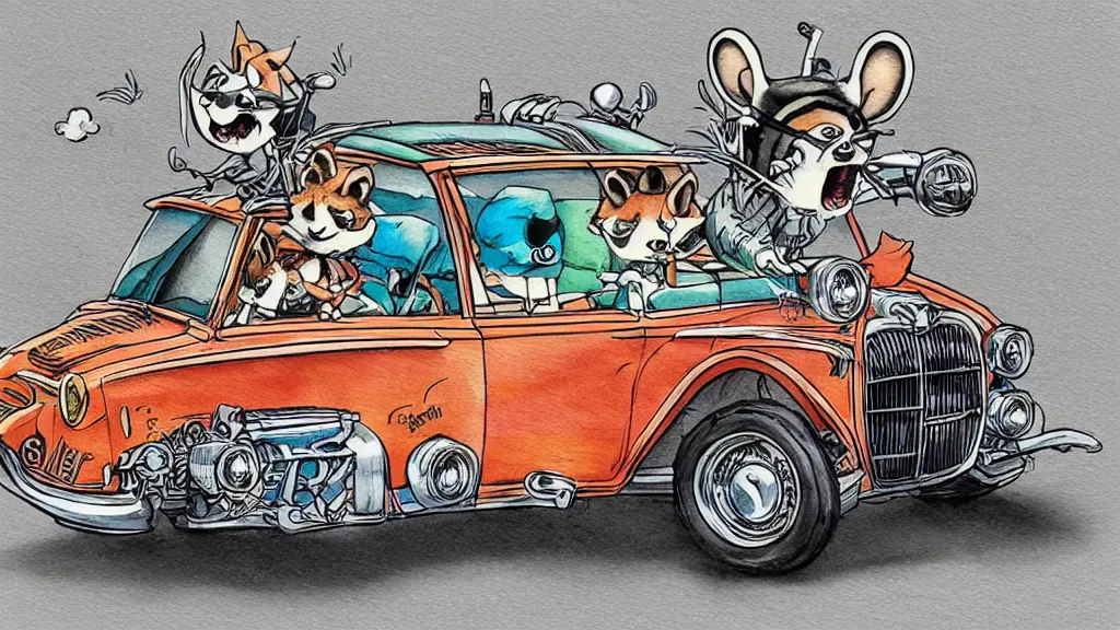 Image similar to cute and funny, racoon riding in a tiny hot rod coupe with oversized engine, ratfink style by ed roth, centered award winning watercolor pen illustration, by chihiro iwasaki, edited by range murata