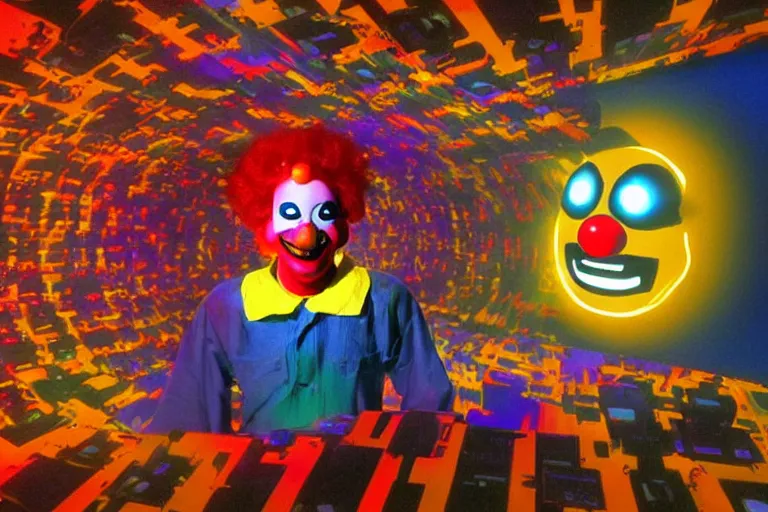 Image similar to friendly and kind robo - clown emerging from a space portal in cyberspace, fractaling outwards, in 1 9 8 5, y 2 k cutecore clowncore, bathed in the glow of a crt television, crt screens in background, low - light photograph, in style of tyler mitchell