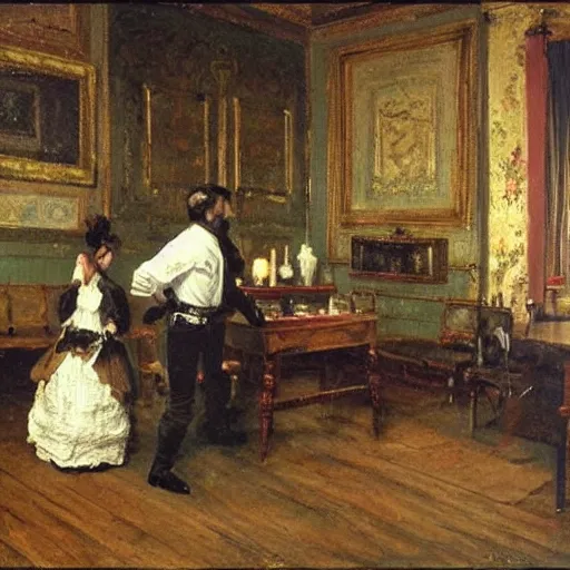 Image similar to a man and a woman solving an escape room puzzle alfred stevens