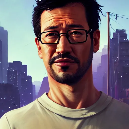 Image similar to highly detailed portrait markiplier in gta v, stephen bliss, unreal engine, fantasy art by greg rutkowski, loish, rhads, ferdinand knab, makoto shinkai and lois van baarle, ilya kuvshinov, rossdraws, tom bagshaw, global illumination, radiant light, detailed and intricate environment