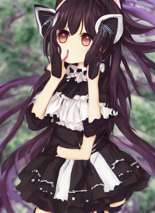 Image similar to nekopara fantastically detailed eyes modern anime style art detailed cat ears cat girl nekomimi dress portrait Laica chrose, made by Hugo Heyrman, Digital matte art, by Oscar-Claude Monet