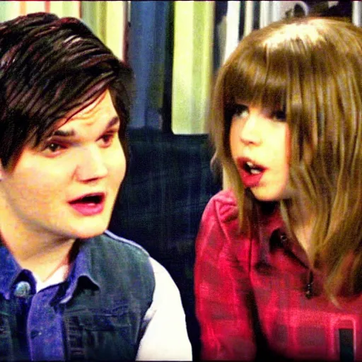 Prompt: a screenshot of Gerard Way talking with Carly in ICarly (2007) , low quality, vhs quality,