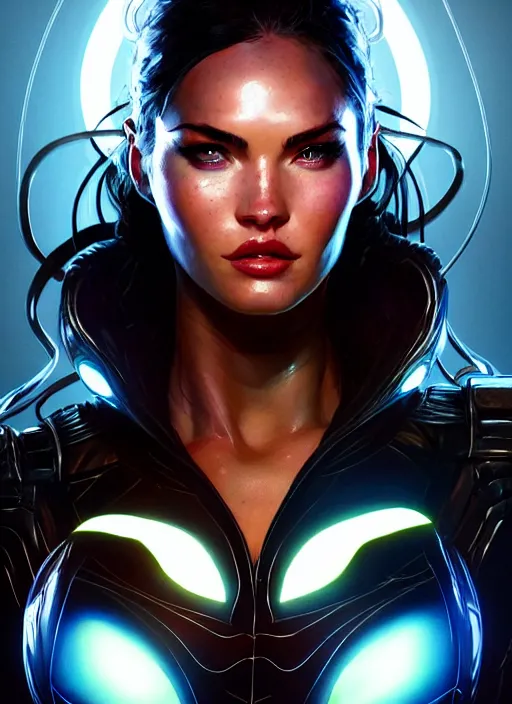 Image similar to portrait of apex legends, venom megan fox, intricate, elegant, glowing lights, highly detailed, digital painting, artstation, glamor pose, concept art, smooth, sharp focus, illustration, art by artgerm and greg rutkowski, artey freytag