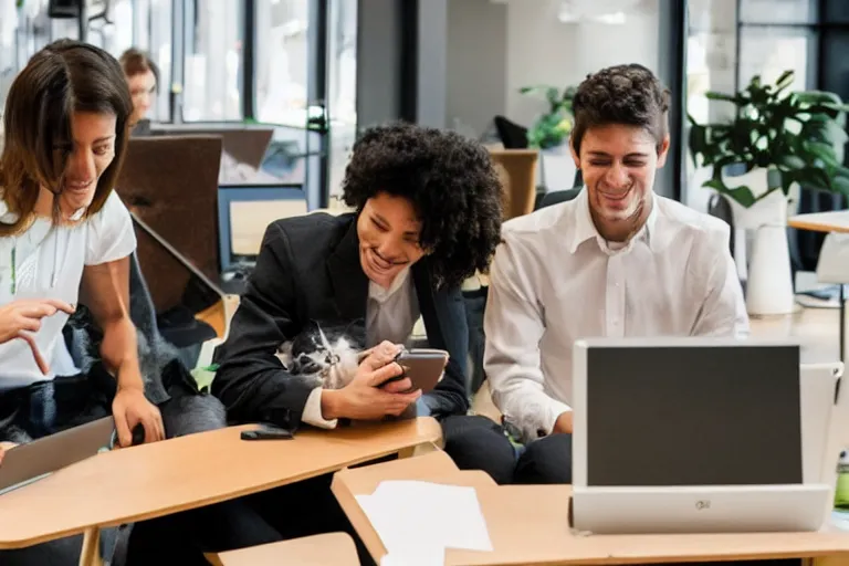 Prompt: pets are working in co - working spaces or modern offices, no people