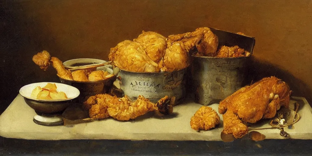 Prompt: a fineart still life painting of a KFC bucket and chicken on table. Oil on canvas, by Willem Kalf.