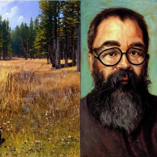 Image similar to Gary Gygax in earflaps stands in the middle of the field, Rye (Shishkin), painting by Ivan Shishkin, painting by Ivan Shishkin, painting by Valentin Serov, oil painting