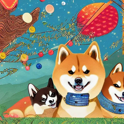 Image similar to expensive birthday card with happy shiba inu dogs singing, Nintendo game art, Hayao Miyazaki, intricate detail, illustration, beautiful lighting,