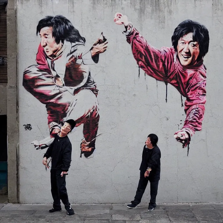 Image similar to Street-art full-body portrait of Jackie Chan in style of Banksy