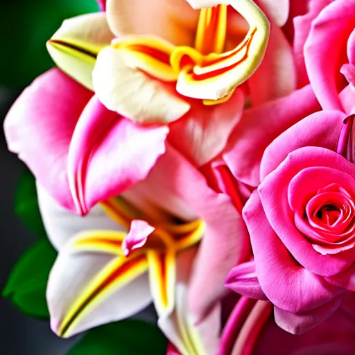 Image similar to studio photo of a bouquet of different shades of pink roses and lilies. window sun reflected in a light yellow background. amazing photography and lighting, bokeh,